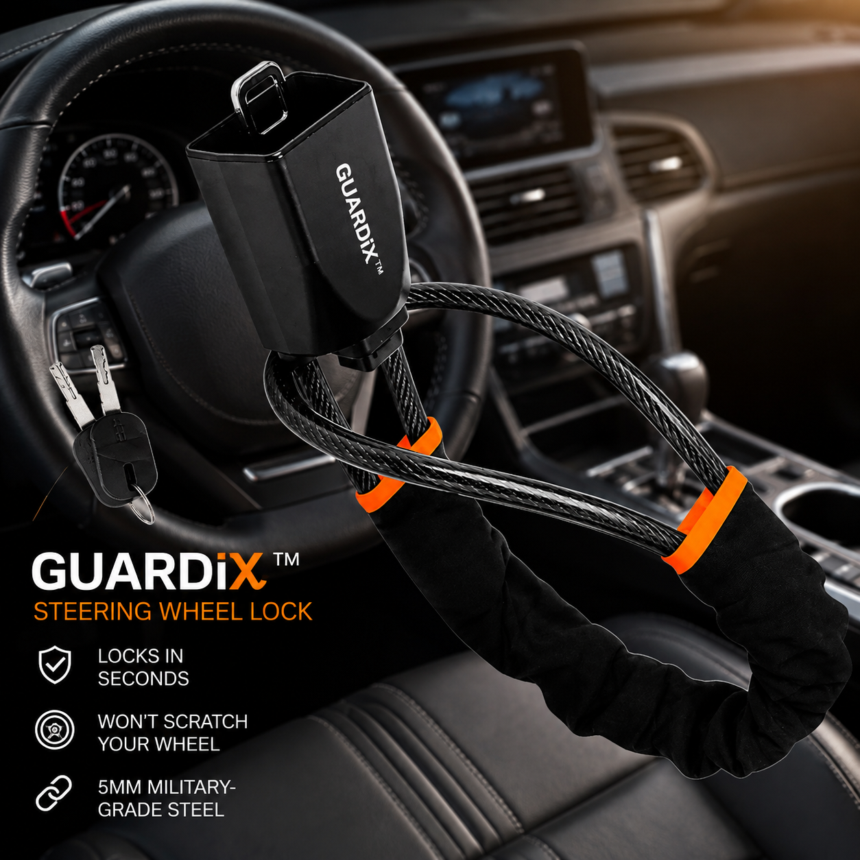 Guardix steering wheel lock fitted to a car wheel